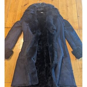 HSO Womens Navy Blue Real Fur Shearling Sheepskin Leather Coat Size S